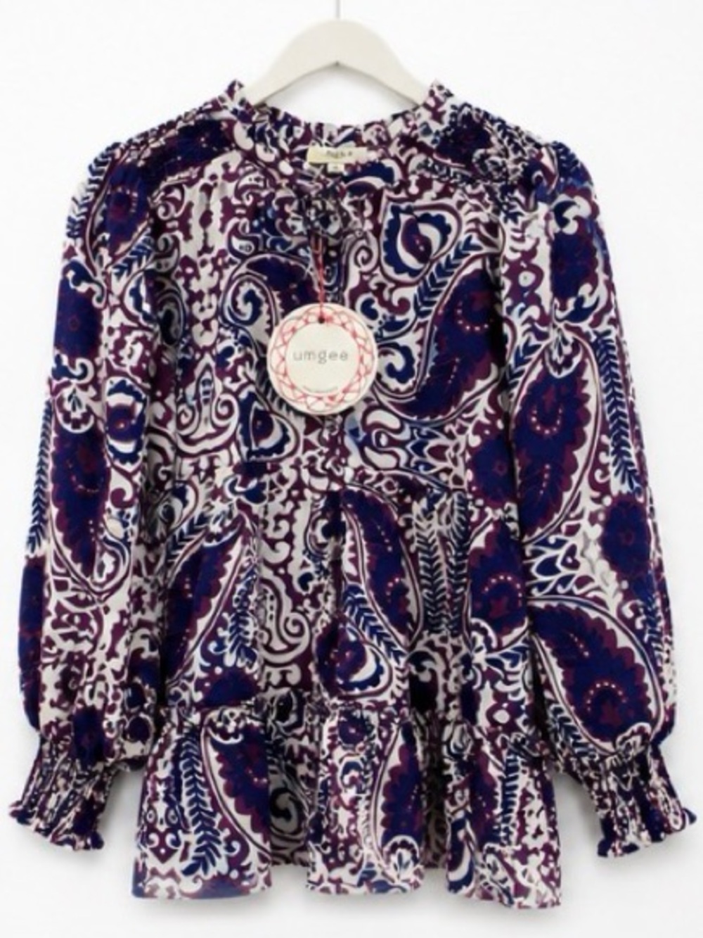 Umgee NWT Paisley Smocked Tie Neck Peplum Blouse Purple Navy Size Small